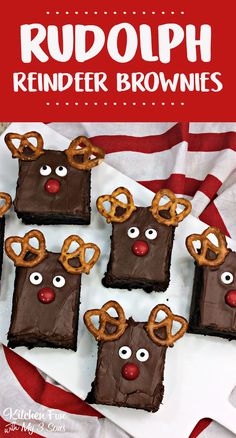 rudolph reindeer brownies with pretzels on top and the title overlay reads rudolph reindeer brownies