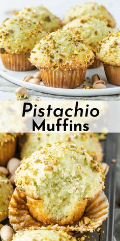 pistachio muffins on a plate with nuts