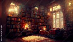 an image of a room with bookshelves and candles on the floor in it