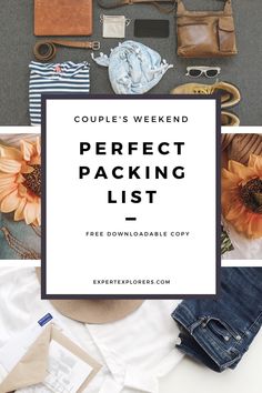 the perfect packing list for couples with sunflowers and other items on top of it