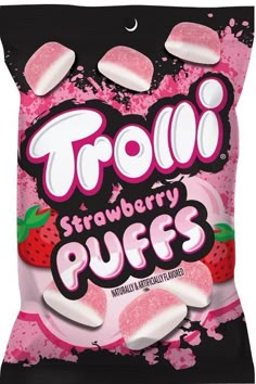 troll strawberry puffs are on display in a pink and black bag with sprinkles