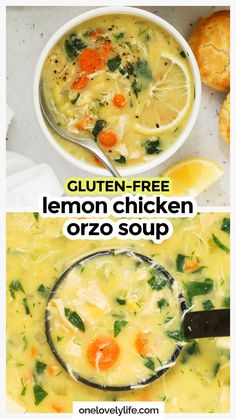 two pictures showing the different types of lemon chicken orzo soup