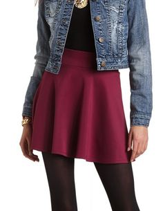 SOLID HIGH-WAISTED SKATER SKIRT cute outfit with tights and a jean jacket Cute Outfits With Tights, Purple Skirt Outfit, Outfit With Tights, Skater Outfit, Long Outfit, Skater Shirts, Cute Outfits With Leggings, Cute Work Outfits