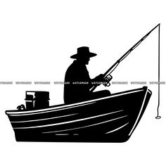 a black and white silhouette of a man fishing on a boat with a pole in his hand