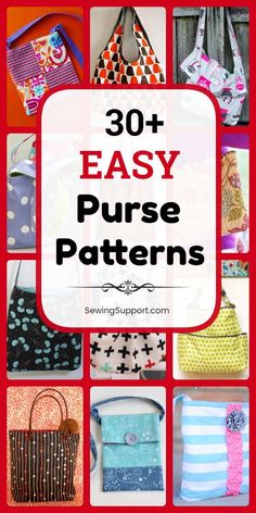 purses with the words 30 easy purse patterns in red, white and blue colors