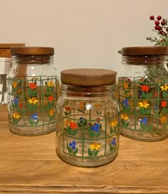 Add a touch of vintage charm to your kitchen with this beautiful set of three Anchor Hocking Nina glass canisters. Each canister features a rubber sealed (not a tight fit) lid and a lovely floral pattern, adding both style and functionality to your kitchen storage. The set includes two  different sizes (2 Lg and 1 Sm), perfect for storing a variety of kitchen essentials such as flour, sugar, and snacks. Rubber seals on the lids are not tight fitting. Flour And Sugar Containers, Wood Counters, Small Spaces Decor, Cute House Decor, Cottage Core Home, Vintage Canister Sets, Flour Canister, Vintage Cottage Core, Lovely Gift Ideas