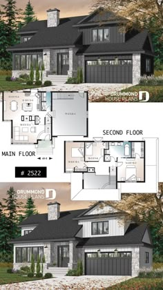 the floor plan for this modern house is shown in three different sections, with two levels and