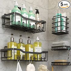 two shelves with soaps, lotions and other bathroom products on them in a bathroom