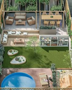 an aerial view of a backyard with a pool, patio and seating area in the foreground