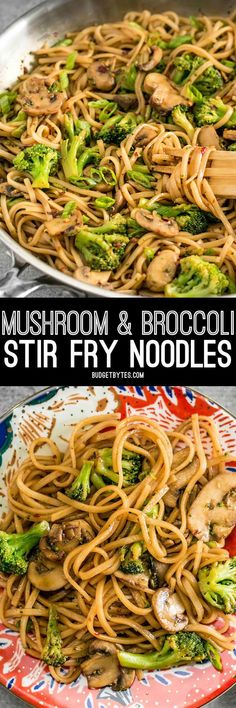 stir fry noodles with mushrooms and broccoli in a skillet on a colorful plate