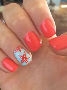 short orange nails with starfishes Tropical Nail Designs, Summer Nails Beach, Manicure Colors, Pedicure Designs, Nail Art Designs Summer, Polish Ideas, Vacation Nails