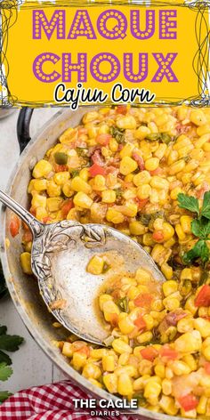 a large pot filled with cooked corn and garnished with cilantro on the side