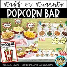 a popcorn bar is set up on a table