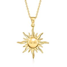 Ross-Simons - Italian 18kt Gold Over Sterling Sun Pendant Necklace. 18". Shine under your very own Tuscan sun! Direct from Italy, this 18kt yellow gold over sterling silver sun pendant necklace is a stylish symbol of energy, positivity and power. Suspends from a cable chain with a 2" extender. Lobster clasp, 18kt gold over sterling sun pendant necklace. Sun Necklace Silver, Apollo Necklace, Italian Symbols, Mlp Redesigns, Gold Sun Necklace, Gold Pendent, Wedding Moodboard, Sun Necklace, Sun Pendant