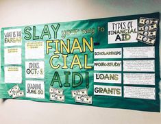 a bulletin board with financial aid written on it and money notes pinned to the wall