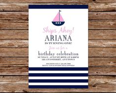 a birthday party card with a sailboat on the front and blue stripes around it