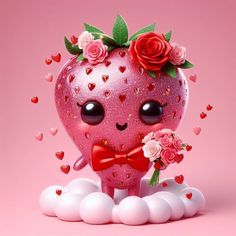 a pink heart shaped strawberry with flowers and hearts around it