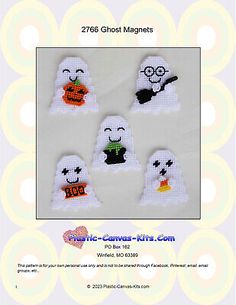 cross stitch ghost magnets are shown in the shape of halloween pumpkins and ghost faces