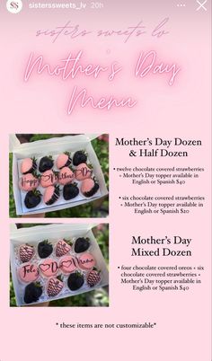 mother's day menu with pink and black frosted cookies in the shape of hearts