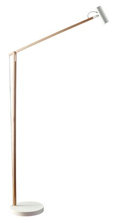 a white floor lamp with a wooden base on a white background, the light is dimmed