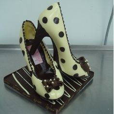 a pair of shoes that are on top of a plate with chocolate and white icing