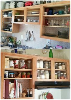 two pictures of kitchen cabinets with open shelves