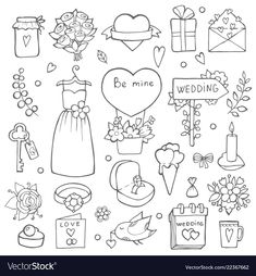 hand drawn wedding doodles with flowers and gifts for the bride, groom or groom