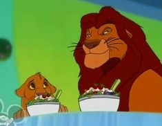 the lion and the lamb eating salad together in front of a green screen with an animated character