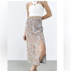 Size Xl. Nwt High-Waisted Midi Skirt With Contrasting Ring Detail Sash. Front Slit At Hem. Back Hidden In-Seam Zip Closure. Very Soft And Lightweight. Sand / Blue Waist: 18" Laying Flat Length: 32" Skirt Has A 15" Slit Skirts Midi High Waisted, Zara Skirts, Printed Midi Skirt, Women Skirts Midi, Zebra Print, Midi Skirt, Womens Skirt, Zara, High Waisted