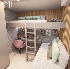 a loft bed with a desk and chair in the corner is next to a white brick wall