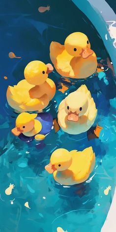 several yellow ducks floating on top of a blue body of water with small fish around them