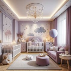 a baby's room is decorated in pastel colors and features a white crib, pink couches, purple chairs, and a chandelier