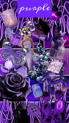 a collage of purple images with flowers, candles and other things in them that are all over the place