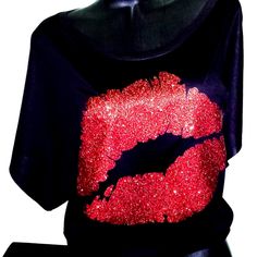 Sexy Red Lips On A Black Slouchy Top With Shiny Glitter Lettering. ***Great Valentine's Day *** Made From Our Exquisite Flowy Poly Viscose, This Dolman Tee's Rich And Luxuriously Soft Fabric Is Designed To Drape Perfectly And Accentuate Your Figure. Specs: 65% Poly 35% Viscose, 30 Single 3.7 Oz./Yd2. Flowy Fabric With A Great Look. Machine Wash Cold, No Bleach, Hang Dry (Sm 18 1/2 Wd 27 1/8 Lnth) (Md 19 1/2 Wd 27 5/8 Lnth) (Lg 20 1/2 Wd 28 1/4) (Xl 22 1/2 Wd 28 7/8) (2xl Glamorous Red Top For Club, Black Glitter Print Top For Night Out, Slouchy Top, Flowy Fabric, Red Lip, 30 And Single, Red Lips, A Black, Soft Fabric