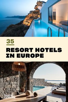 the front cover of a hotel in europe with an outdoor swimming pool and stone walls