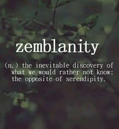 the words zemblanity are written in white on a black background with green leaves