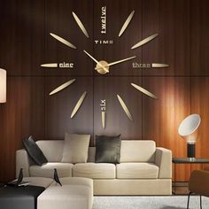 a living room filled with furniture and a large clock on the wall