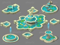 a set of various water features including fountain, fountains and other items for the game