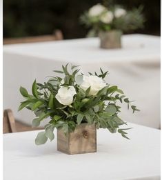 two white roses in a wooden vase on a table with greenery and chairs behind them