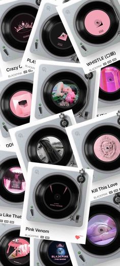 many different types of speakers are shown in this collage with pink and purple images