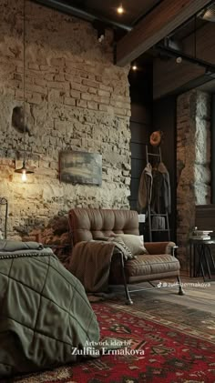 a bedroom with stone walls and exposed ceilings, leather furniture and rugs on the floor