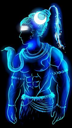 a man with a glowing head and body in neon blue light, standing next to a snake