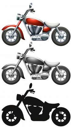 three different types of motorcycles on a white background