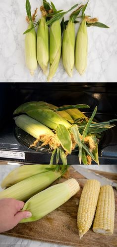 corn on the cob being cut up and put in an oven with other vegetables