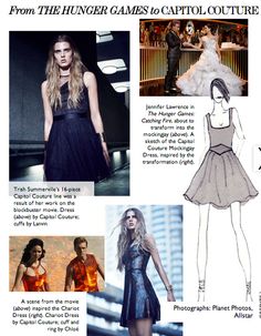 an article in the fashion magazine features pictures of models wearing dresses and accessories from the designer's catalog