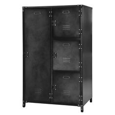 a black metal cabinet with four drawers and two doors on one side, the door is open