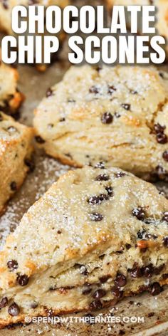 chocolate chip scones on a baking sheet with powdered sugar