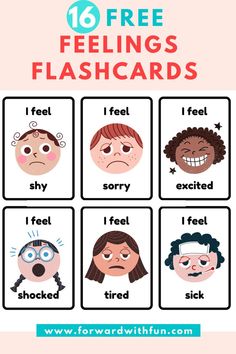 feelings flashcards, shows 6 different faces and emotion word underneath Pictures Of Feelings, Emotion Board Feelings, Prek Feelings Chart, How Do I Feel Today Chart Free Printable, Free Emotions Cards, Emotions Flash Cards Free Printable, Feeling Cards Free Printable, Emotions Poster Free Printable, Feelings Provocations