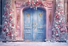 a pink and blue door decorated with ornaments