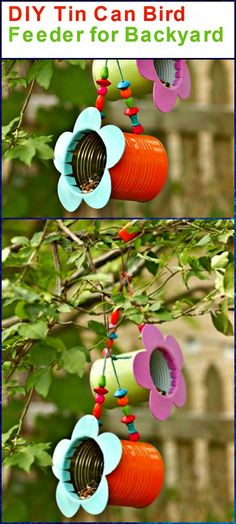 an image of a bird feeder hanging from a tree with the words diy tin can bird feeder for backyard